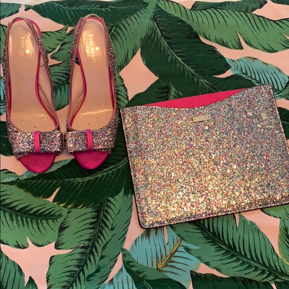 Kate Spade pink sparkly bow shoes and purse